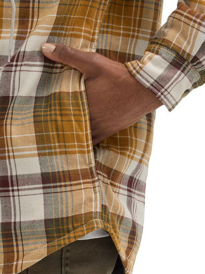 Wrangler Authentics Men's Long Sleeve Quilted Lined Flannel Shirt Jacket with Hood, Golden Brown, Small