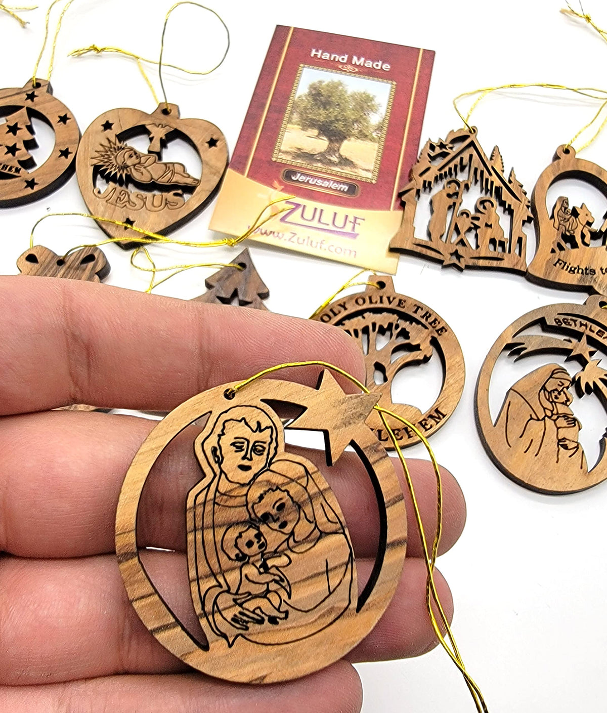 Zuluf 12-Piece Olive Wood Ornament Collection - Authentic Nativity & Bethlehem Star Designs, Religious Christian Christmas Tree Adornments