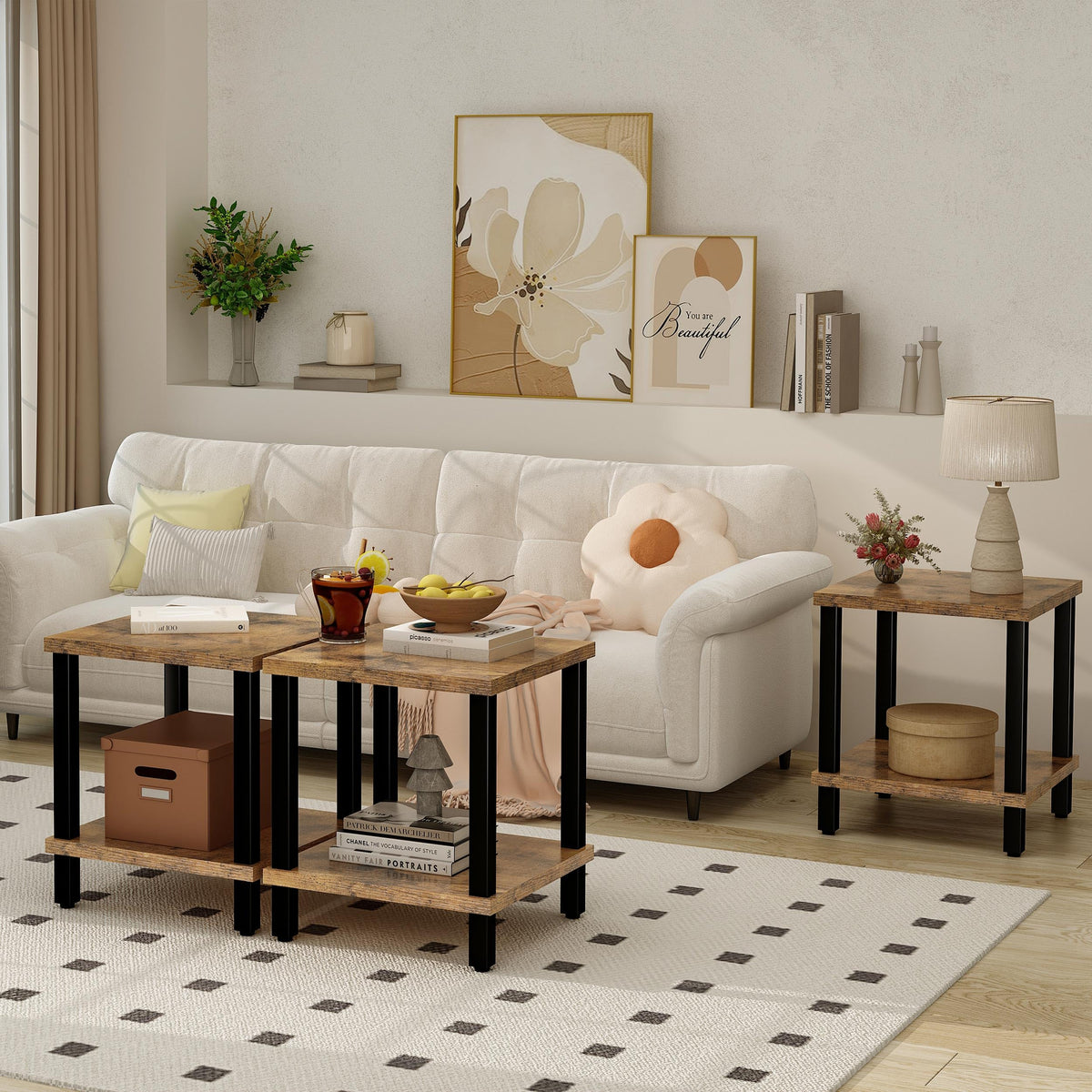 MMEOLUOOK Large End Table Square Side Table Modern Sofa Table 20 Inch Industrial Coffee Table NightStand with 2-Tier Storage Shelf for Living Room Bedroom Rustic Brown MLBZ06R