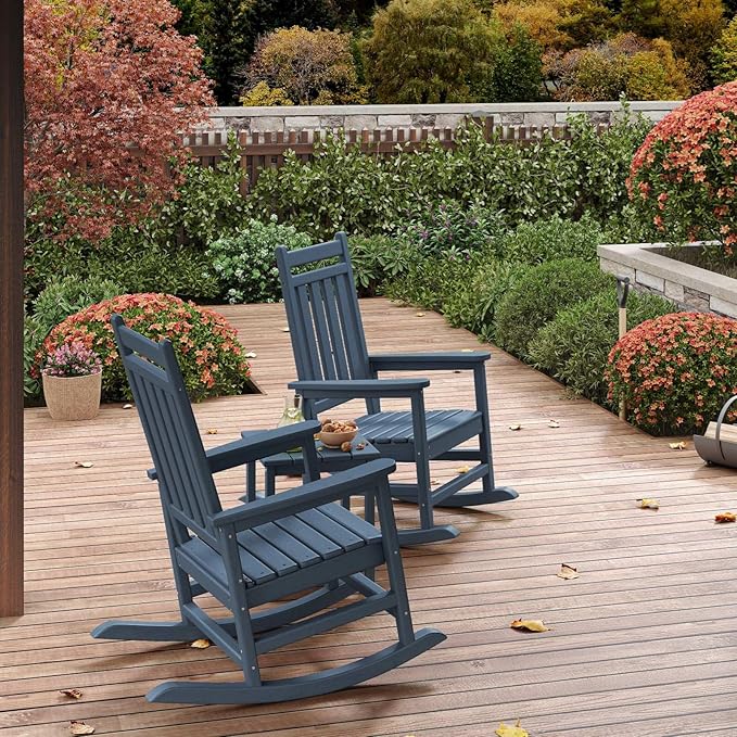 HDPE Rocking Chair Outdoor Set of 2 - Poly High Back Porch Rocker Chairs for Adults - All Weather Resistant Furniture for Patio Front Porch - Navy Blue