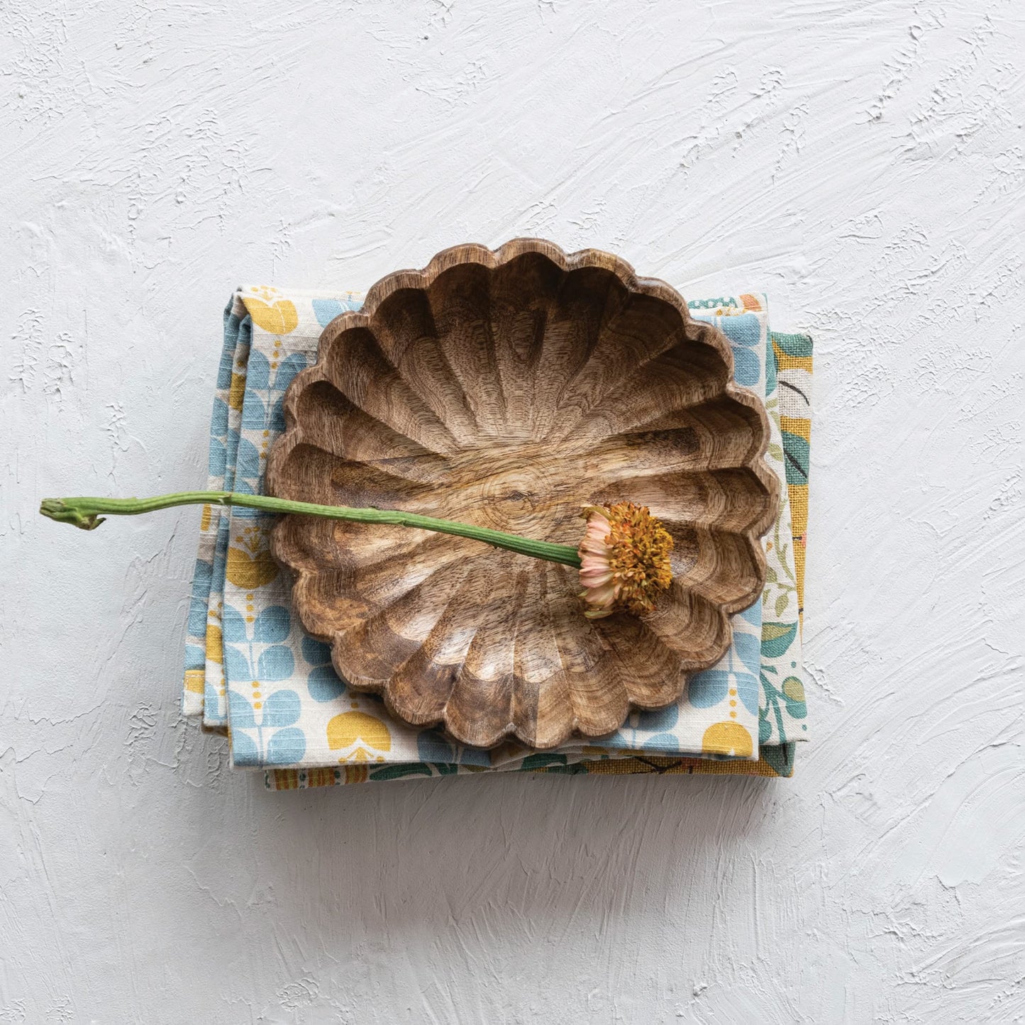 Boho Carved Wood Bowl with Scalloped Edge, Natural