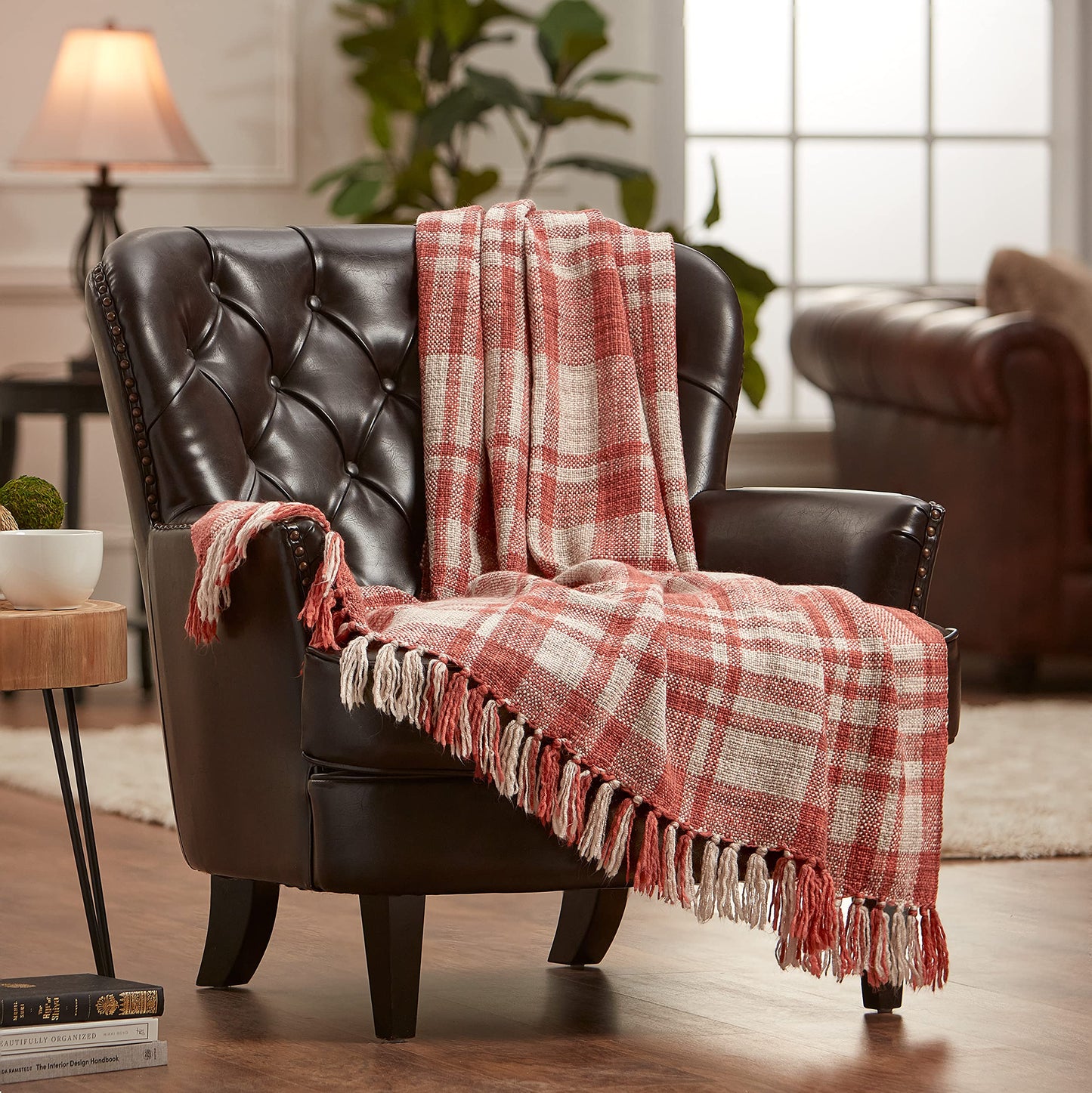 Chanasya Premium Farmhouse Pattern Plaid Throw Blanket Lightweight Knit Textured Woven Decorative Blanket for Couch Bed Living Room Blankets with Tassels Throw Blanket (50x65 Inches) Rust