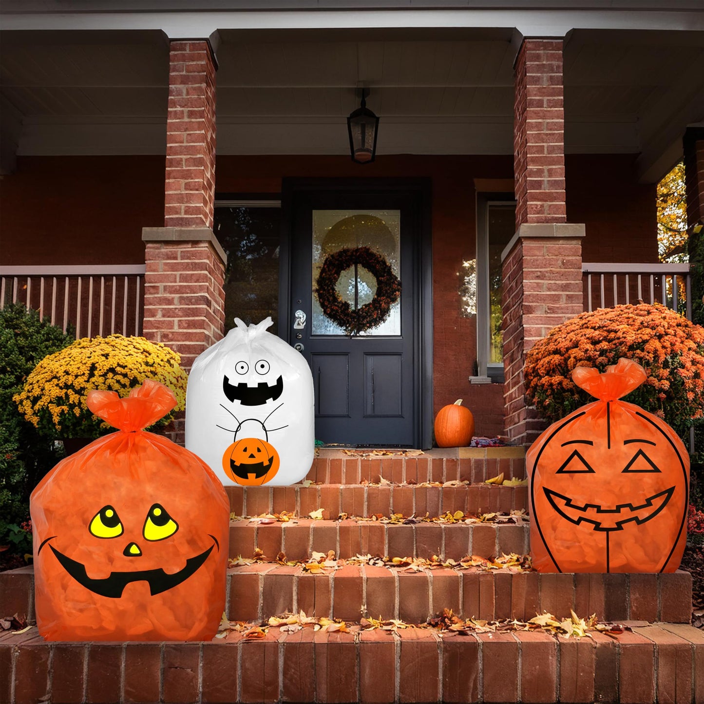 Set Of 4 Halloween Decorative Giant Lawn Bags With Twist Ties (Pumpkin & Ghost)