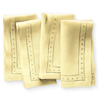Linen Napkins 18 x 18 inch - 100% Flax Linen Yellow Dinner Napkins with Embroidered Dot 18 x 18 inch - Hemstitch Cloth Napkins Washable for Summer