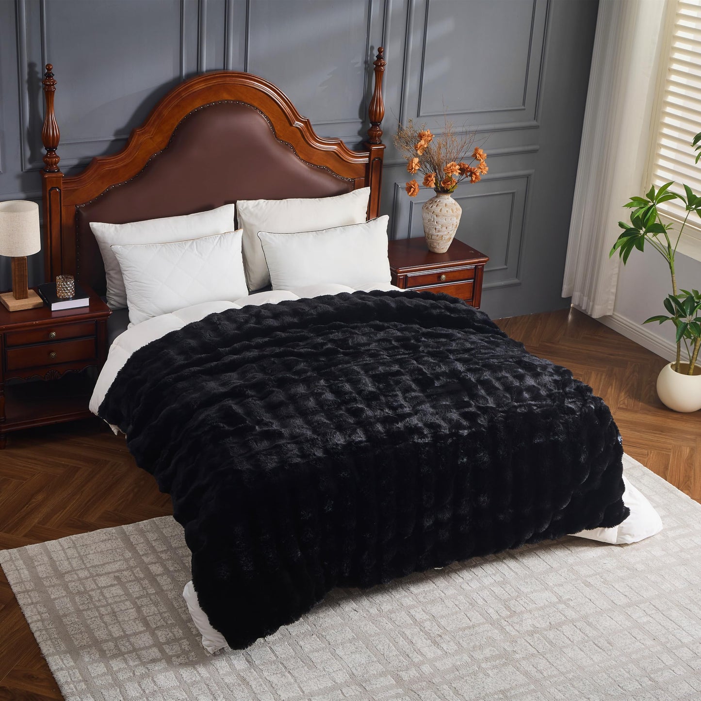 UKELER Faux Fur Throw Blankets, 750 GSM Double Sided Luxury Bubble Cozy Warm Decorative Furry Blanket, Soft Plush Fluffy Fuzzy Blanket for Couch Sofa Bed Office Camping, Black 50"x60"