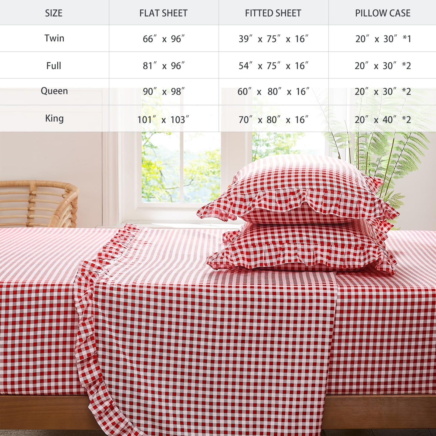 kisswish Gingham King Sheet Set, Lightweight Super Soft Brushed Microfiber Plaid Bed Sheets with 16" Deep Pocket, 4 Piece Ruffle Farmhouse Bedroom Decor, Red