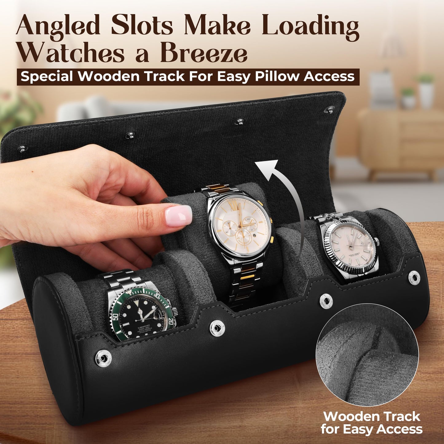 Lux Reve Travel Watch Case 3 slots - Bonus Pouch Included, Portable Watch Box & Home Storage, Gift-Ready, PU Leather Organizer, Angled Easy-Removal Cushions, Velvet Lining, Black
