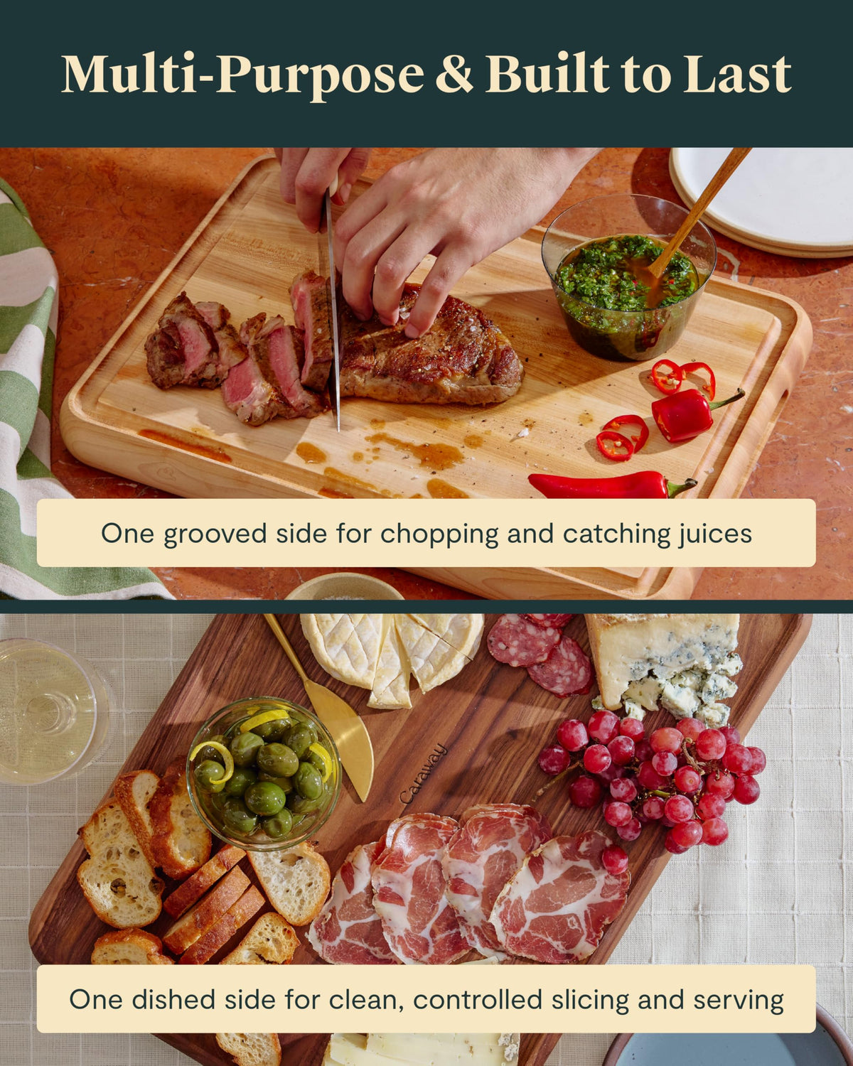 Caraway 17” Prep & Serve Butcher Block, Wood Cutting Board for Kitchen, Rectangle Dual-Sided Chopping Block for Prep, Presentation, and Serving, Walnut