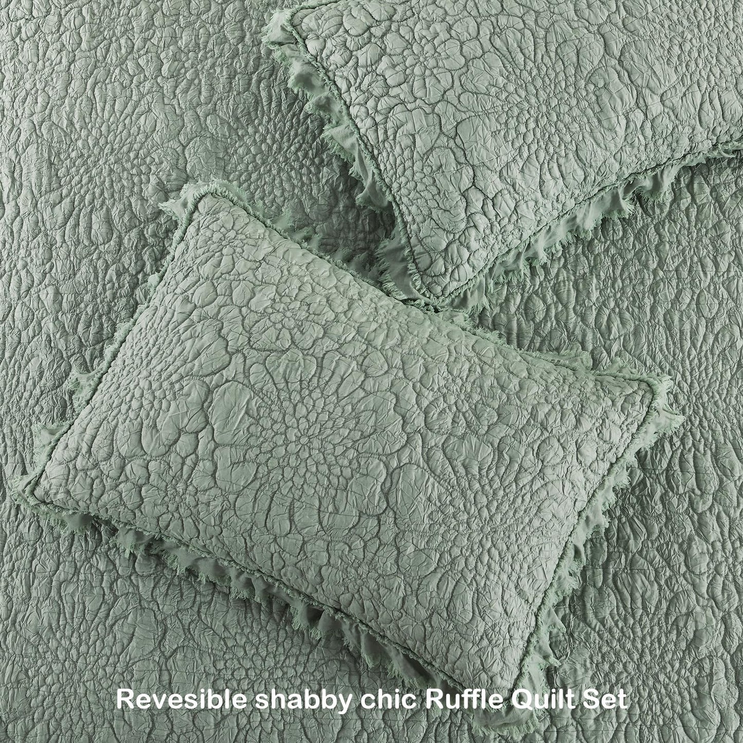 HORIMOTE HOME Sage Green Ruffled Quilt King Size, Shabby Chic Floral Quilt Set Lightweight Crinkled Farmhouse Rustic Bedding Set, 3 Pieces Reversible Bedspread with 2 Pillow Shams for All Season