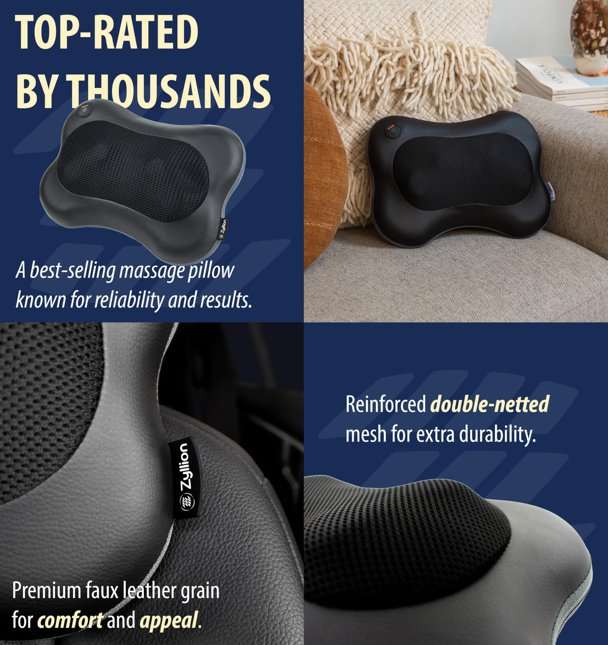 Zyllion Shiatsu Back and Neck Massager with Heat (FSA HSA Eligible) Cordless Rechargeable 3D Electric Kneading Deep Tissue Massage Pillow for Muscle Pain Relief on Shoulder, Leg, Foot ZMA-13RB