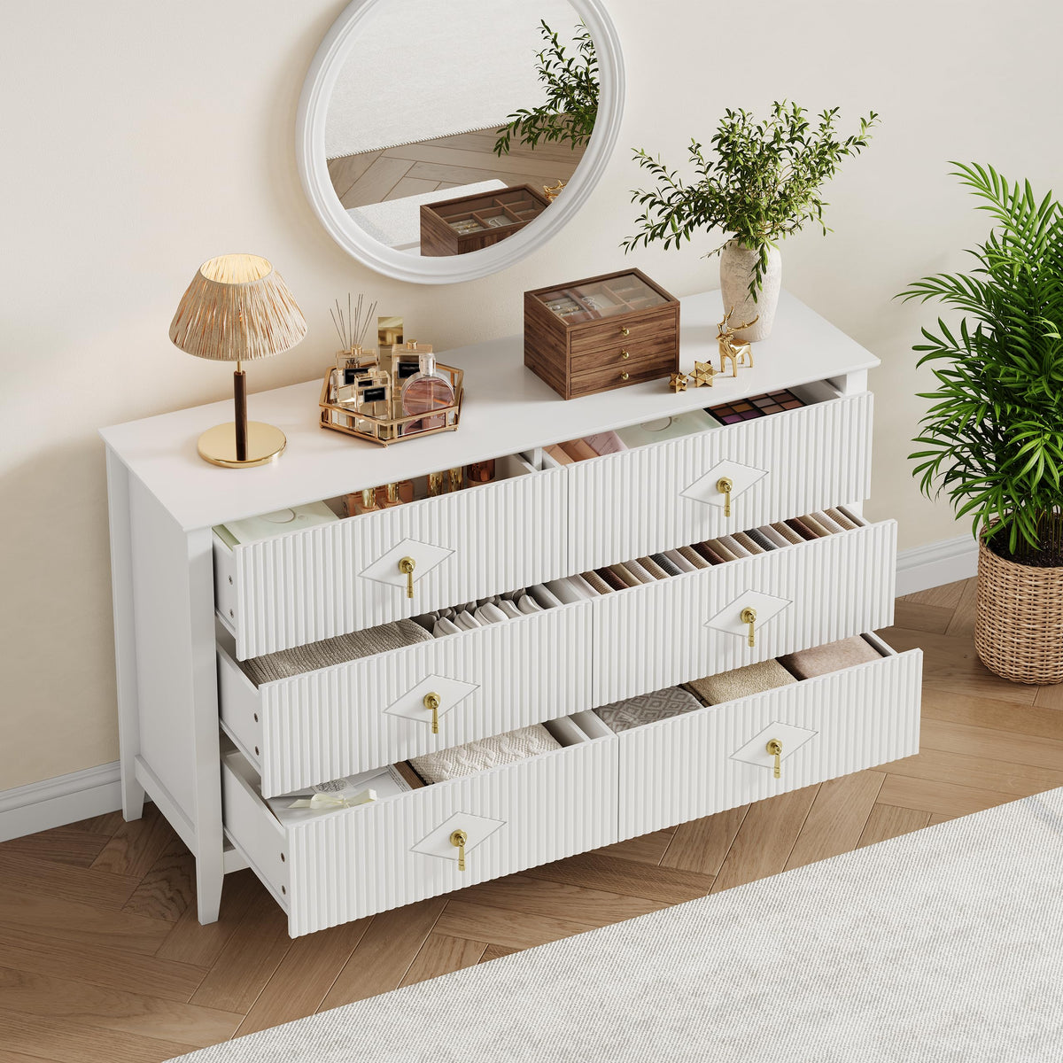 GarveeHome Fluted Dresser for Bedroom, 54 Inch Wide 6-Drawer Wood Dresser, Modern Chest of Drawers, Storage Organizer Cabinet for Living Room, Hallway, Entryway, White