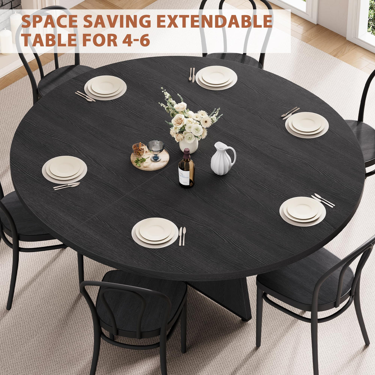 Extendable Dining Table, Round Kitchen Dining Room Dinner Table with for 4 6 8 People, Space Saving Modern Oval Expandale Furniture with Storage and Pedestal for Kitchen Living Room (Black)