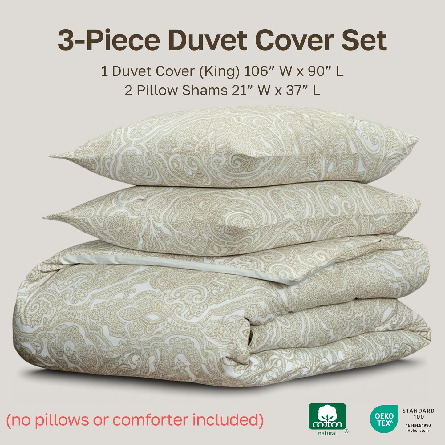 California Design Den 3 Piece King Size Duvet Cover Set, 400 Thread Count 100% Cotton Sateen, Soft Sateen Comforter Cover and Two Pillow Shams, Button Closure and Corner Ties (Paisley Beige)