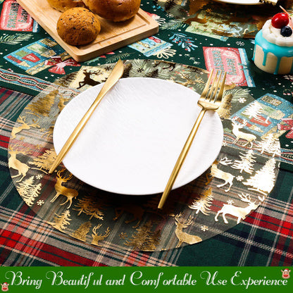 100 Pcs Christmas Placemats 13 Inch Gold Reindeer Mesh Place Mats Disposable Round Cute Elk Snow Forest Xmas Table Mat for Winter Seasonal Holiday Party Decor Kitchen Dining Room Farmhouse Home Decor