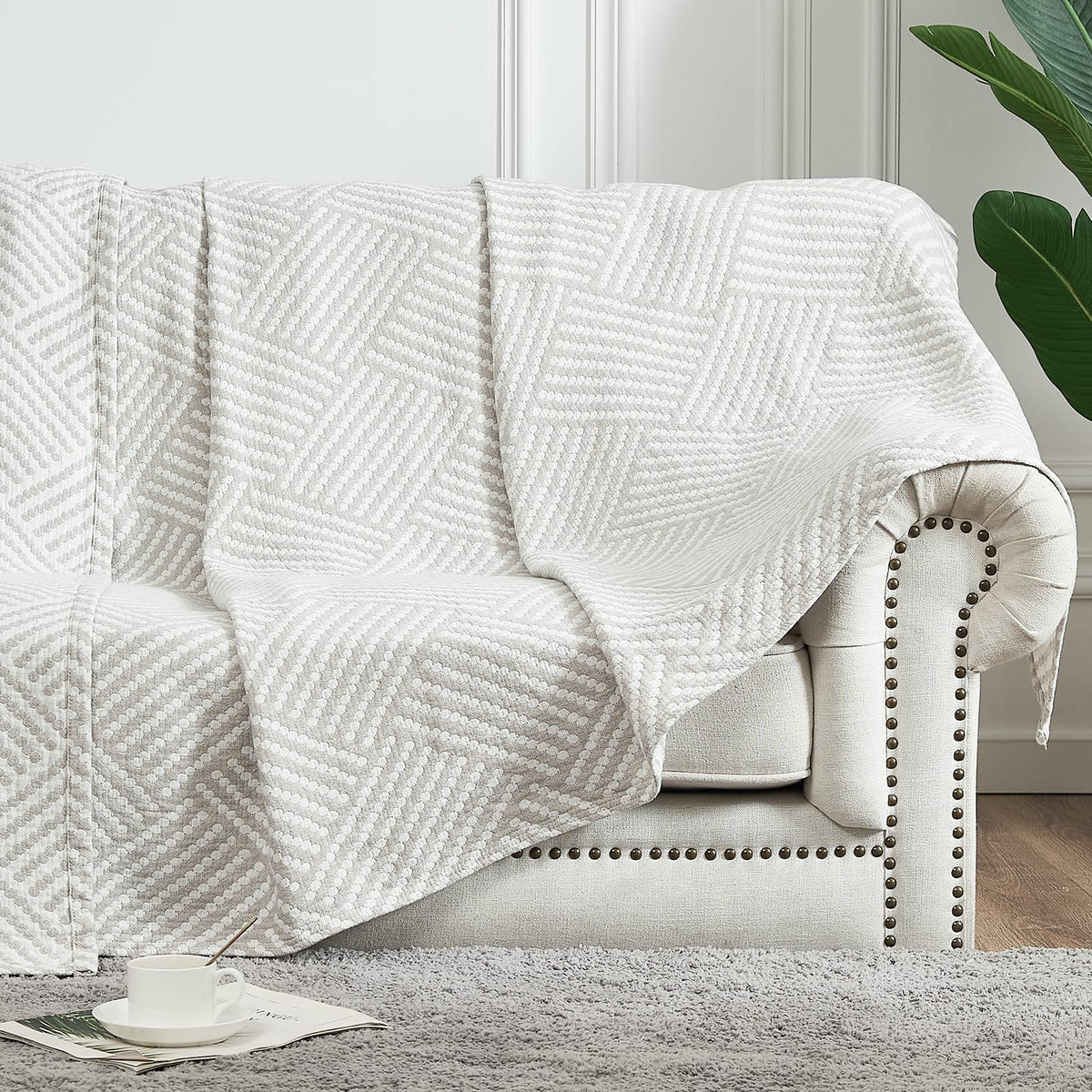 jinchan Boho 100% Cotton Blanket Muslin Twin Size 60x80 Inches Lightweight 3-Layer Geometric Square Pattern Reversible Quilt Throw Soft Breathable Comfy All Seasons for Couch Bed Decor, Light Grey