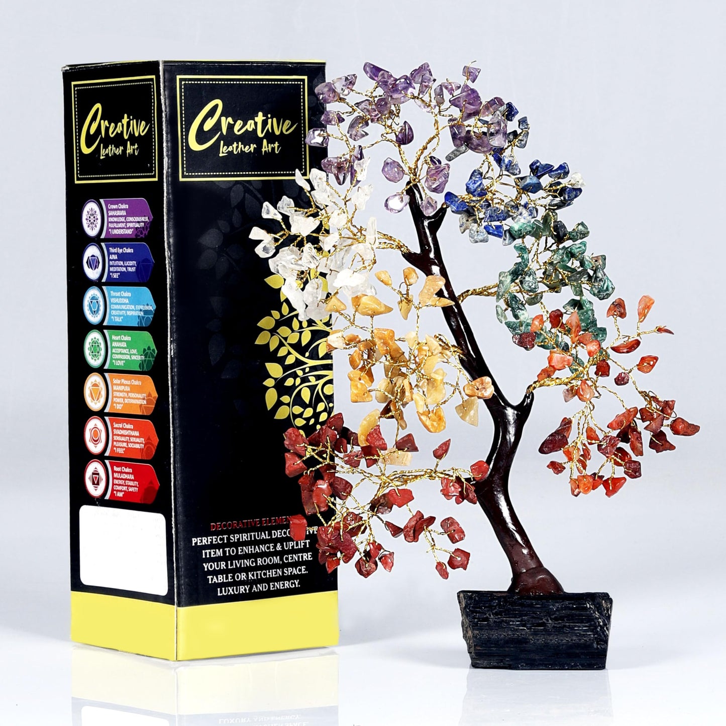 Seven Chakra Crystal Tree for Positive Energy, Healing Gemstone Bonsai with Black Tourmaline Gemstone Base – Feng Shui Money Tree for Home Décor, Meditation & Reiki Healing