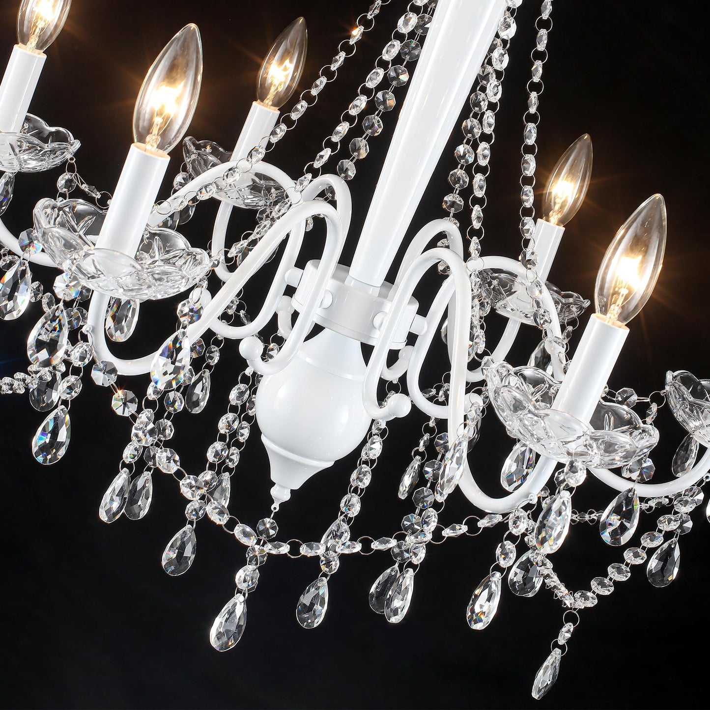 White Crystal Chandelier, 6-Light Modern Chandelier for Dining Room Light Fixture, Elegant Crystal Pendant Ceiling Light Fixture, 25" French Candle Chandelier for Bedroom Living Room Kitchen Entryway