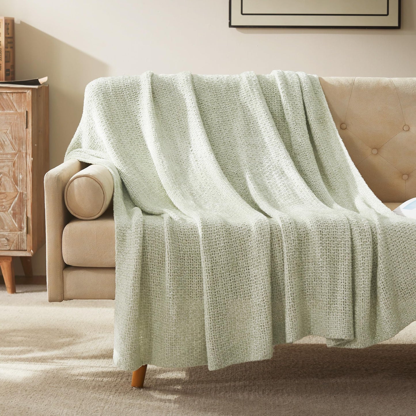 SLEEP ZONE Decoration Throw Blanket for Couch, Jersey Knit Luxury Blankets for Bed Living Room Sofa Chair 90"x90", Light Green