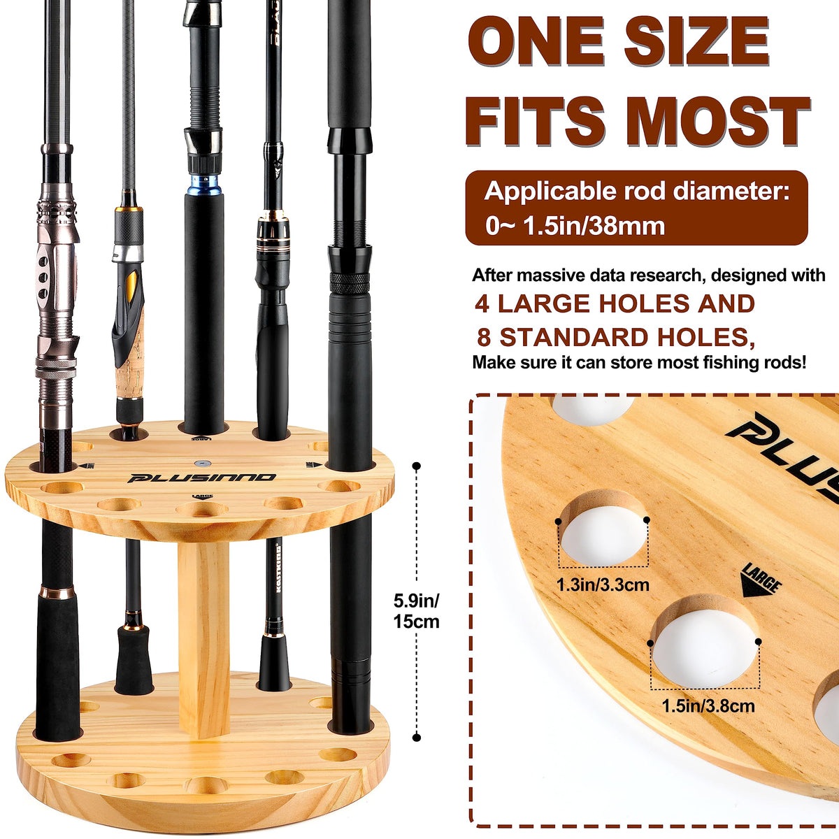 PLUSINNO 2PACK V12 Fishing Rod Holders for Garage, Vertical Fishing Pole Holders Wooden Round Floor Stand, Fishing Rod Rack Holds up to 24 Rods or Fishing Nets Storage Organizer Racks