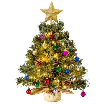 Joiedomi 24"/2FT Tabletop Mini Christmas Tree Pre lit with Warm Lights, Holly Berries, Pine Cones and Ornaments for Indoor Artificial Mini Xmas Tree Holiday Season Decorations (Gold)