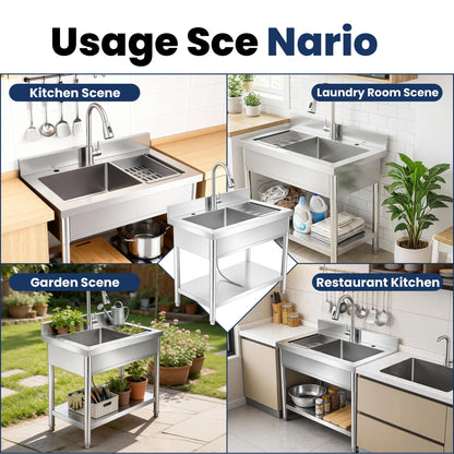 31 Inch Laundry Room Stainless Steel Utility Sink Single Bowl, with Retractable Hot & Cold Faucet, Hose and Drain Kit for Daily Household Use