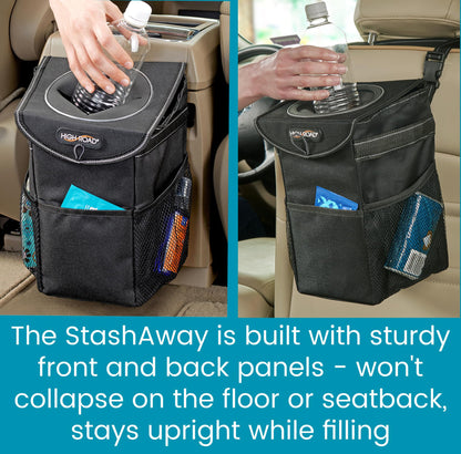 High Road StashAway Heavy Duty Car Trash Can with Rubber Lid, 3 Storage Pockets and Sturdy Panels for Stable Floor or Hanging Seatback Use (Black)