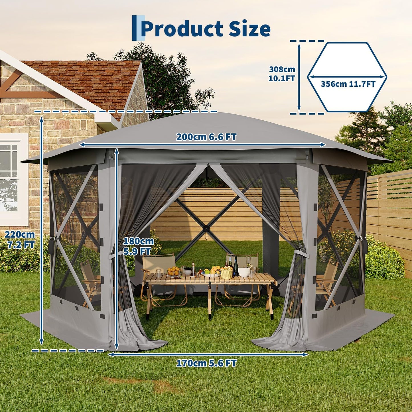 GarveeLife 11.5x11.5FT 6-Sided Pop Up Gazebo Tent，One-Push Setup Canopy Tent with Mesh Panels & Removable Wind Cloths, Outdoor shelter for Camping, Backyard Parties, Outdoor Events - Grey