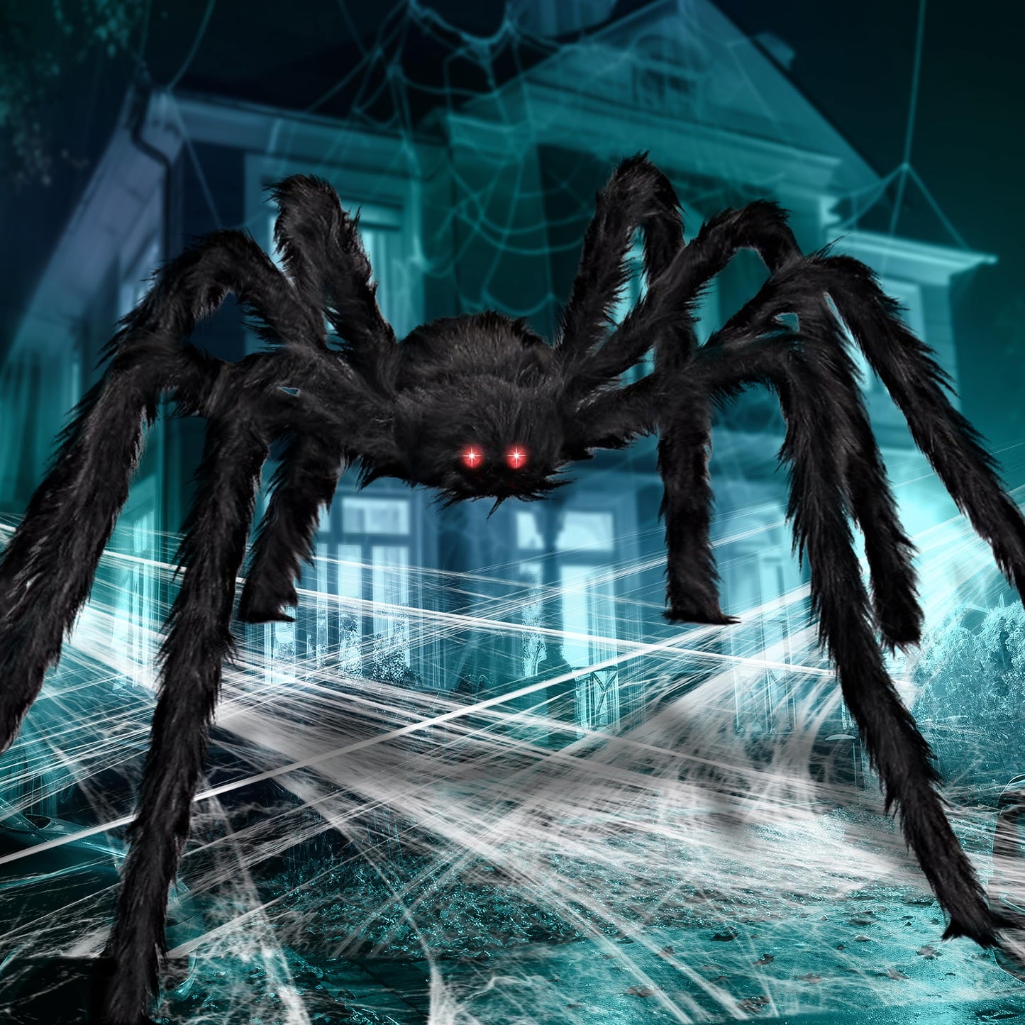 JOYIN 6.5ft Halloween Spider Outdoor Decorations, Light-up LED Eyes Scary Giant Fake Large Hairy Spider Props for Halloween Yard Lawn Decoration, Indoor Party Supplies and Outside Decor, Black