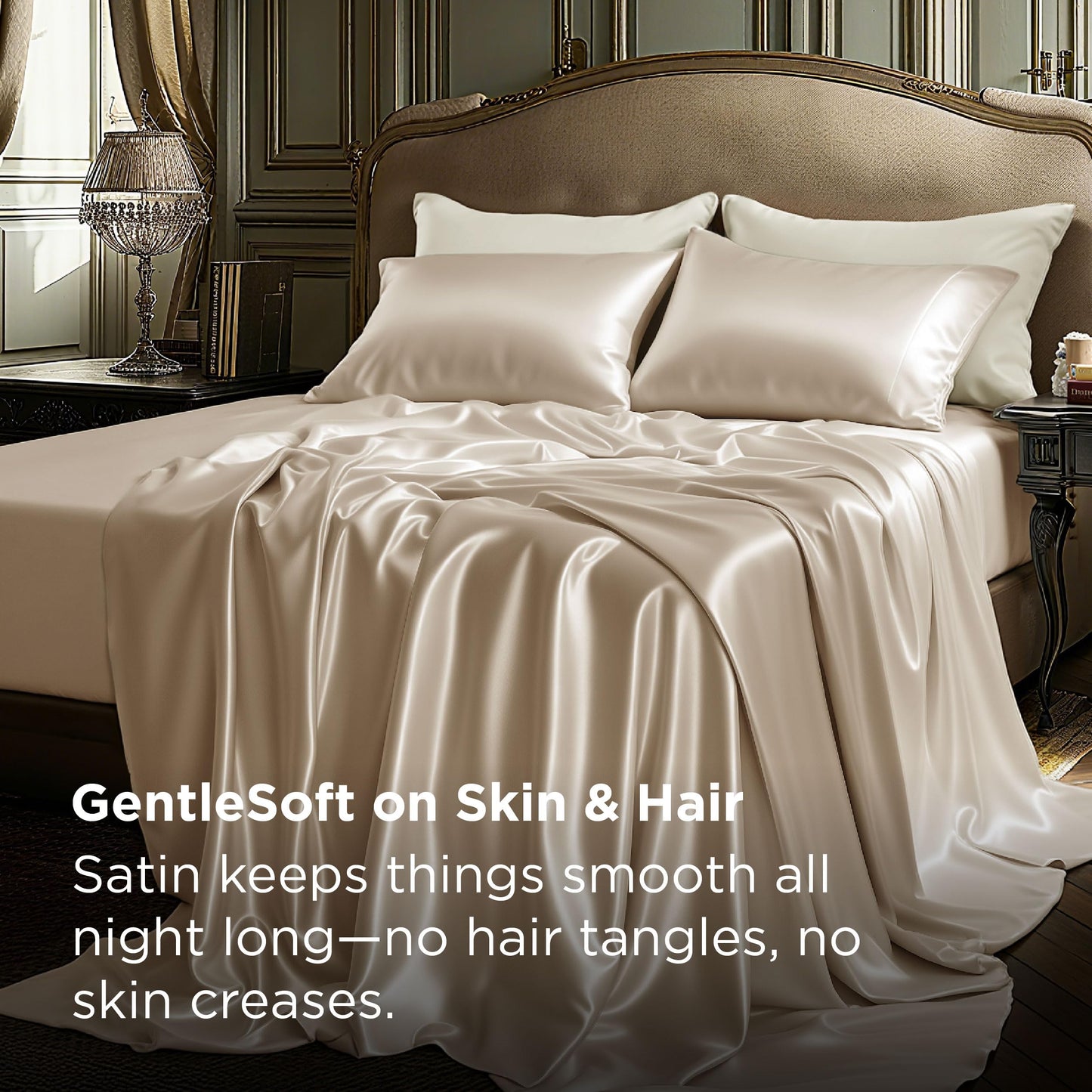 Bedsure Satin Sheets Full Size - 4 Piece Silky Bedsheets with 15 Inches Deep Pocket Fitted Bedsheet,1 Flat Sheet, 2 Satin Pillowcases, Good for Hair & Skin (Full, Champagne)