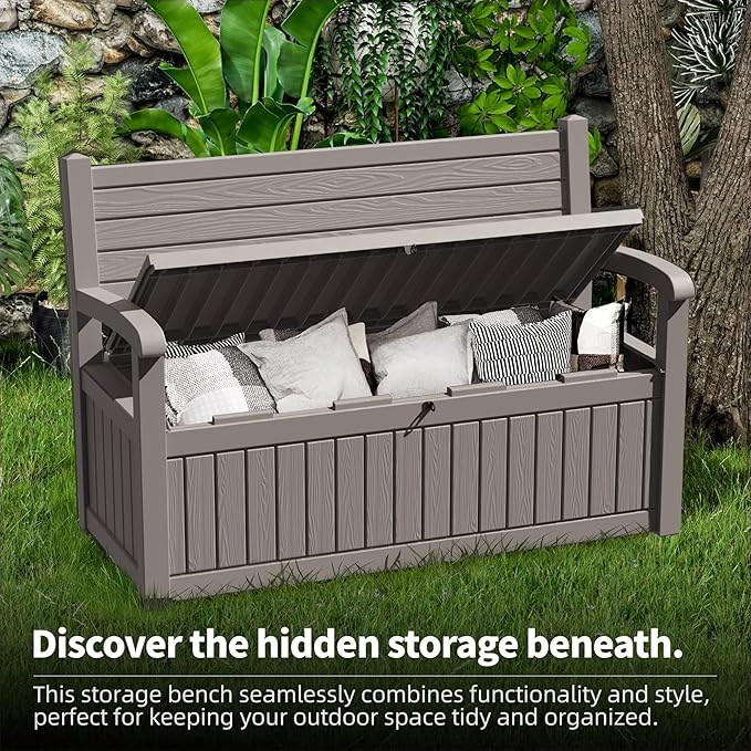 80 Gallon Outdoor Storage Bench Deck Box Waterproof Lockable,Outdoor Storage Furniture for Patio,Garden and Porch,Tools and Cushions（Grey Stripe）