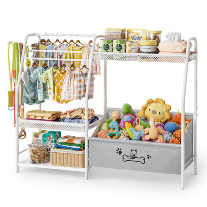 Large Dog Toy Basket with Dog Storage Organizer, Trapezoid Dogs Toy Bin Box with Collar Leash Holder Hook, Toy Holder Chest Pet Storage Cabinet for Living Room, Dogs Essentials for Pet Lovers Gift