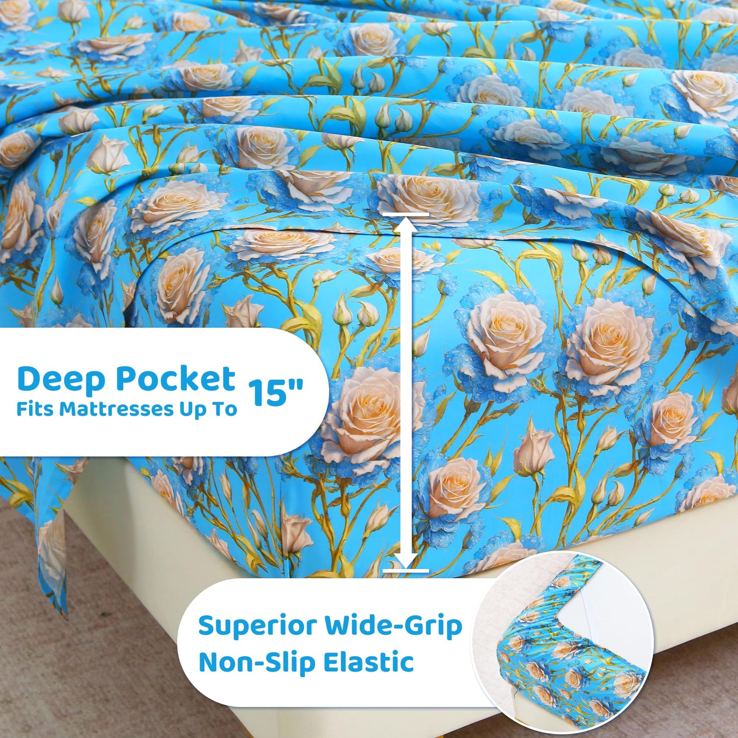 Mooreeke Cozy Floral Microfiber Printed Twin Sheet Set - Soft & Breathable 3D Rose Bed Sheets with Deep Pocket - Non-Slip Fitted Design - Blue White Rose Pattern - Full