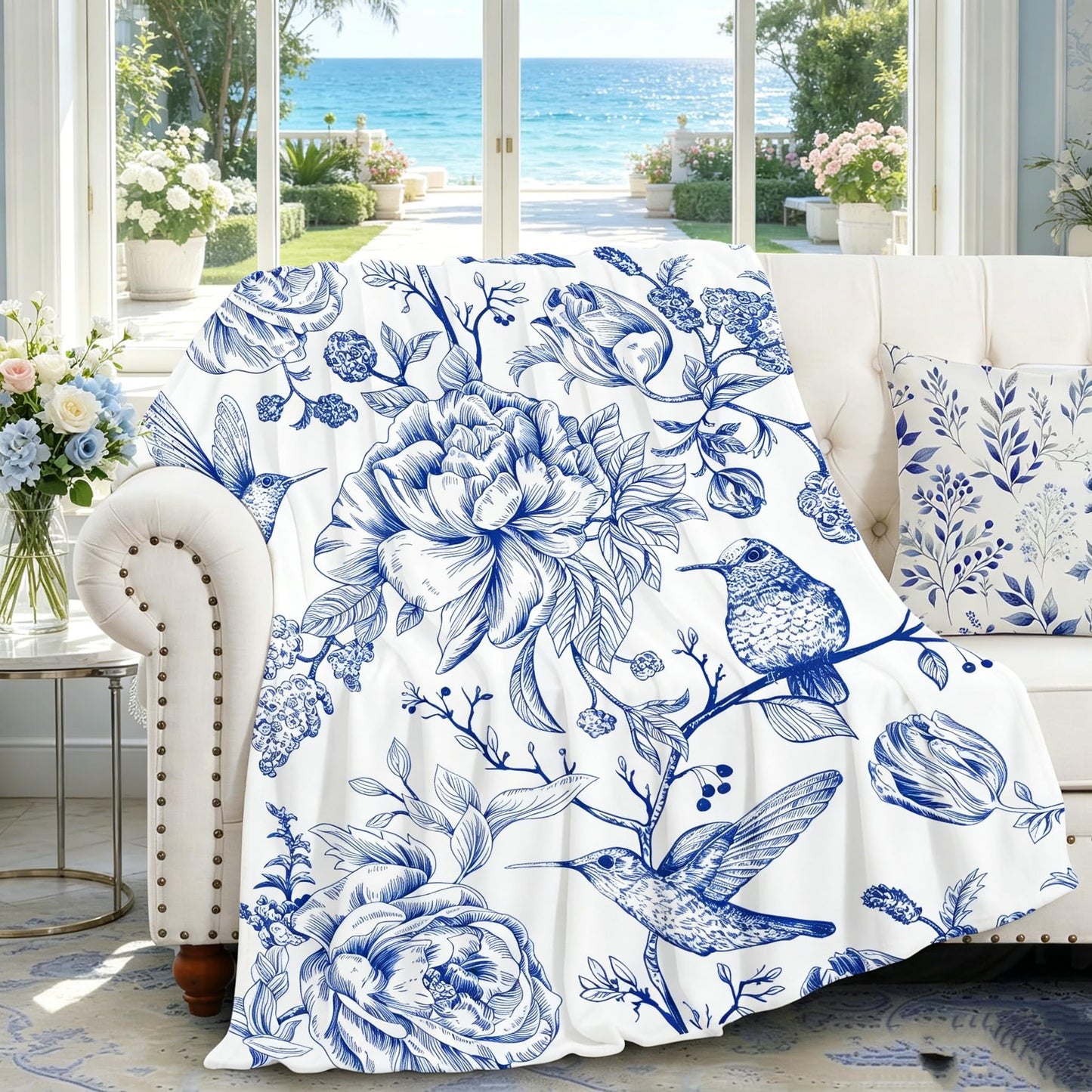 yuboo Blue Floral Throw Blanket, Blue and White Chinoiserie Flannel Blanket with Hummingbird and Flower Design, Soft 50 x 60 Inch Throw for Couch, Bed, Living Room, Bedroom Decor