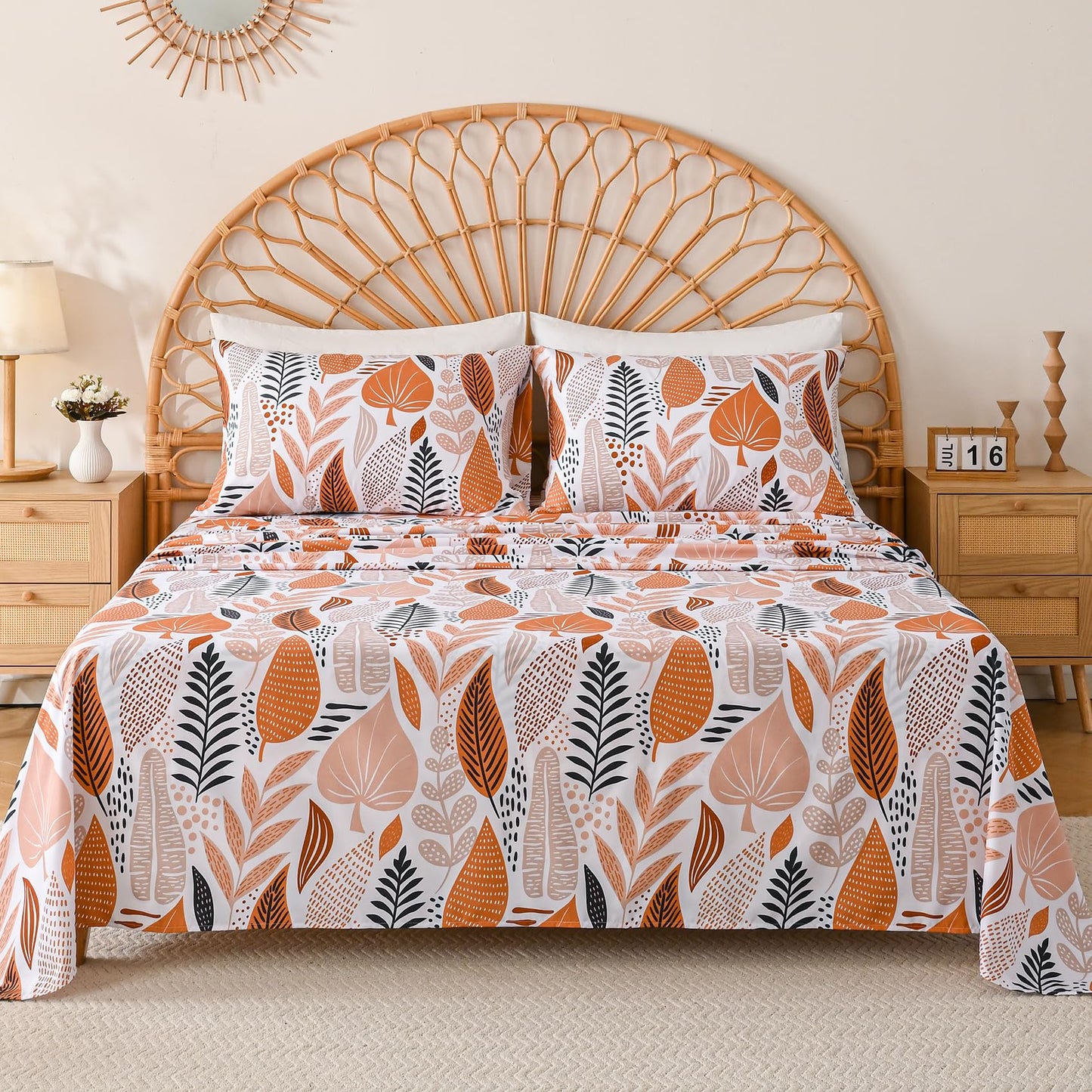 Yibeizi Boho Leaves Printed Sheet Set King, Botanical Pattern Bed Sheets Microfiber Bedding Sheets & Pillowcases Soft 15" Extra Deep Pocket Fitted Bedsheet 4 Piece
