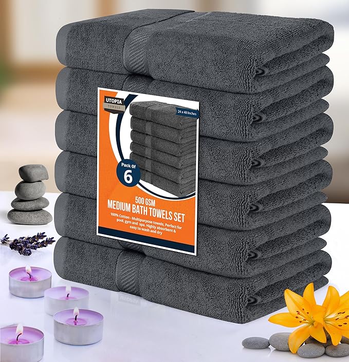 Utopia Towels 6 Pack Medium Bath Towel Set, 24 by 48 Inches, 500 GSM 100% Ring