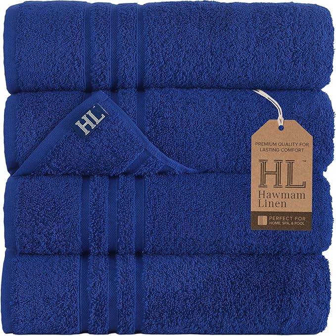 Hawmam Linen Royal Blue Bath Towels 4 Pack Soft and Absorbent