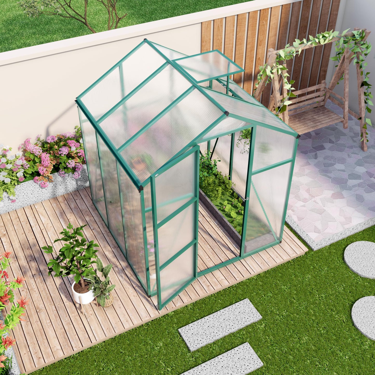 YOPTO 6x6 FT Greenhouse,Outdoor Greenhouse W/ Roof Vent,Walk-in Aluminum Polycarbonate Green Houses W/ Drainage System & Ground Nails,for Outside Garden,Backyard,Patio,Lawn,Green