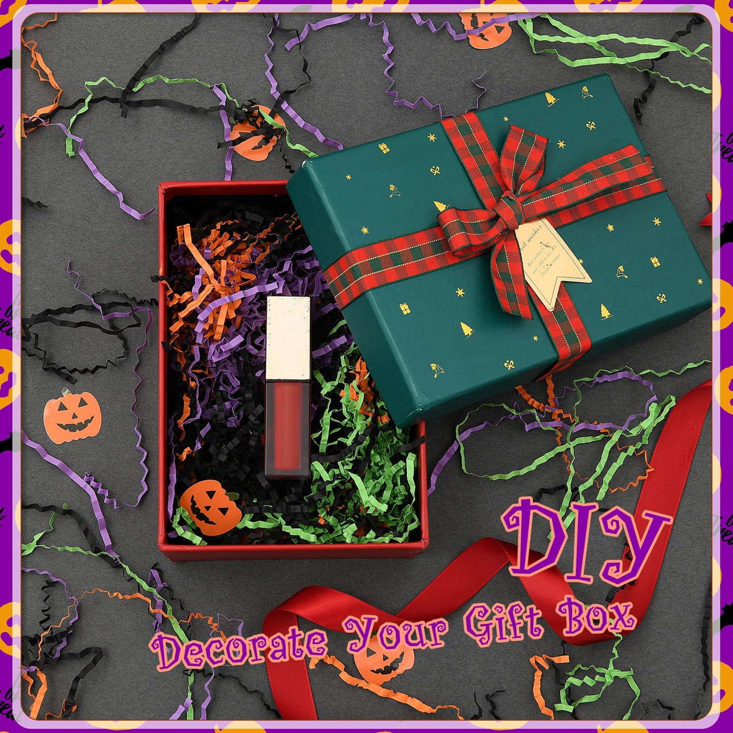 Kosiz 1 lb Halloween Crinkle Cut Paper Shred Black Orange Purple Raffia Paper Shred Filler with Pumpkin Confetti for Gift Wrapping Craft DIY Basket Box Trick or Treat Halloween Party Supply