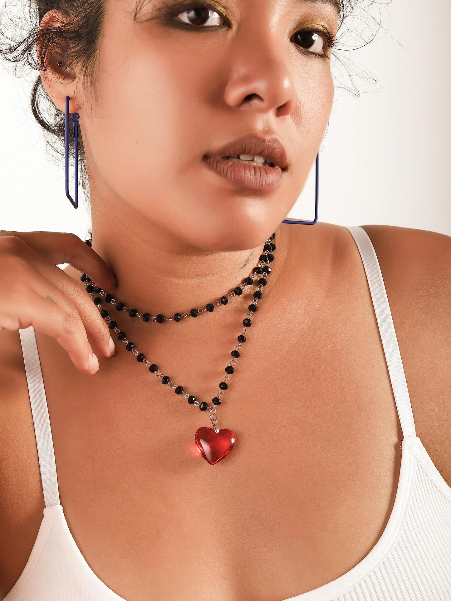 Sacina Gothic Y2k Red Heart Necklace, Layered Black Beaded Heart Choker, Gothic Emo Grunge Y2k Necklace, Valentine Gift, Halloween Christmas Jewelry Gift For Women