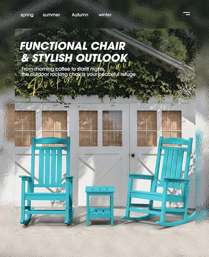KINGYES HDPE Outdoor Rocking Chair Set of 4, All-Weather Poly Patio Rocking Chairs with 330lbs Support for Adults, Aruba Blue