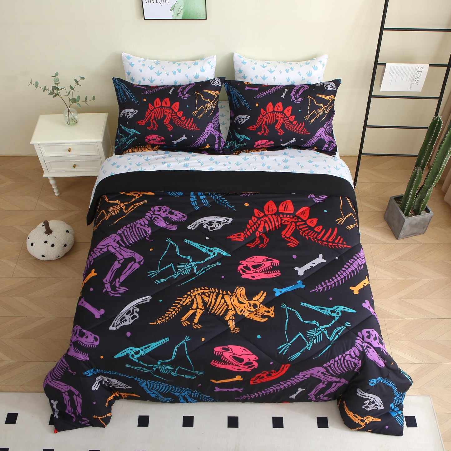 Jameswish 7 Piece Boys Dinosaur Comforter Set Twin Size 3D Black Dinosaur Skeleton Bedding Set for Toddler Kids Teens Christmas Birthday Gift