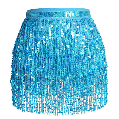 Belly Dance Hip Scarf Sequin Tassel Skirt Performance Outfits Sparkly Fringe Wrap Halloween Costume Party Rave Festival for Women and Girls, Blue