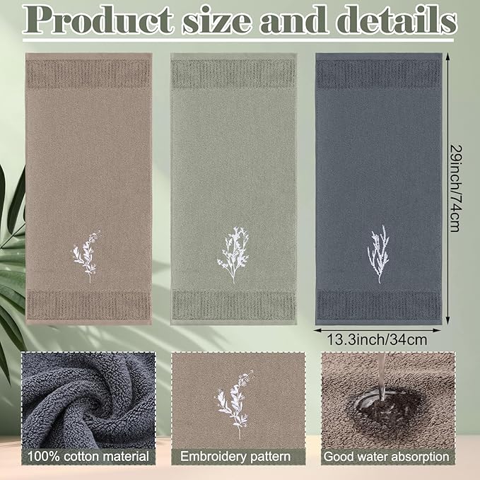 3 Pcs Boho Botanical Hand Towels Bathroom Decor Retro Embroidered Minimalist