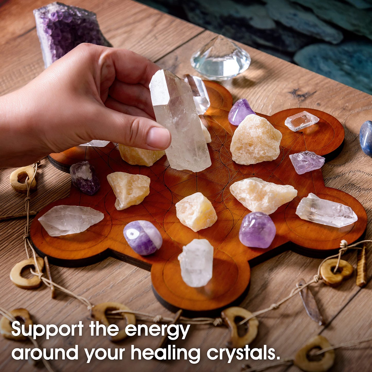 Curawood Crystal Grid Board for Stones - 10" Diameter Metatron's Cube Sacred Geometry Board - Amplify the Power of Your Crystals - Chakra Grid Plate, Altar Decor - Cubo de Metatron