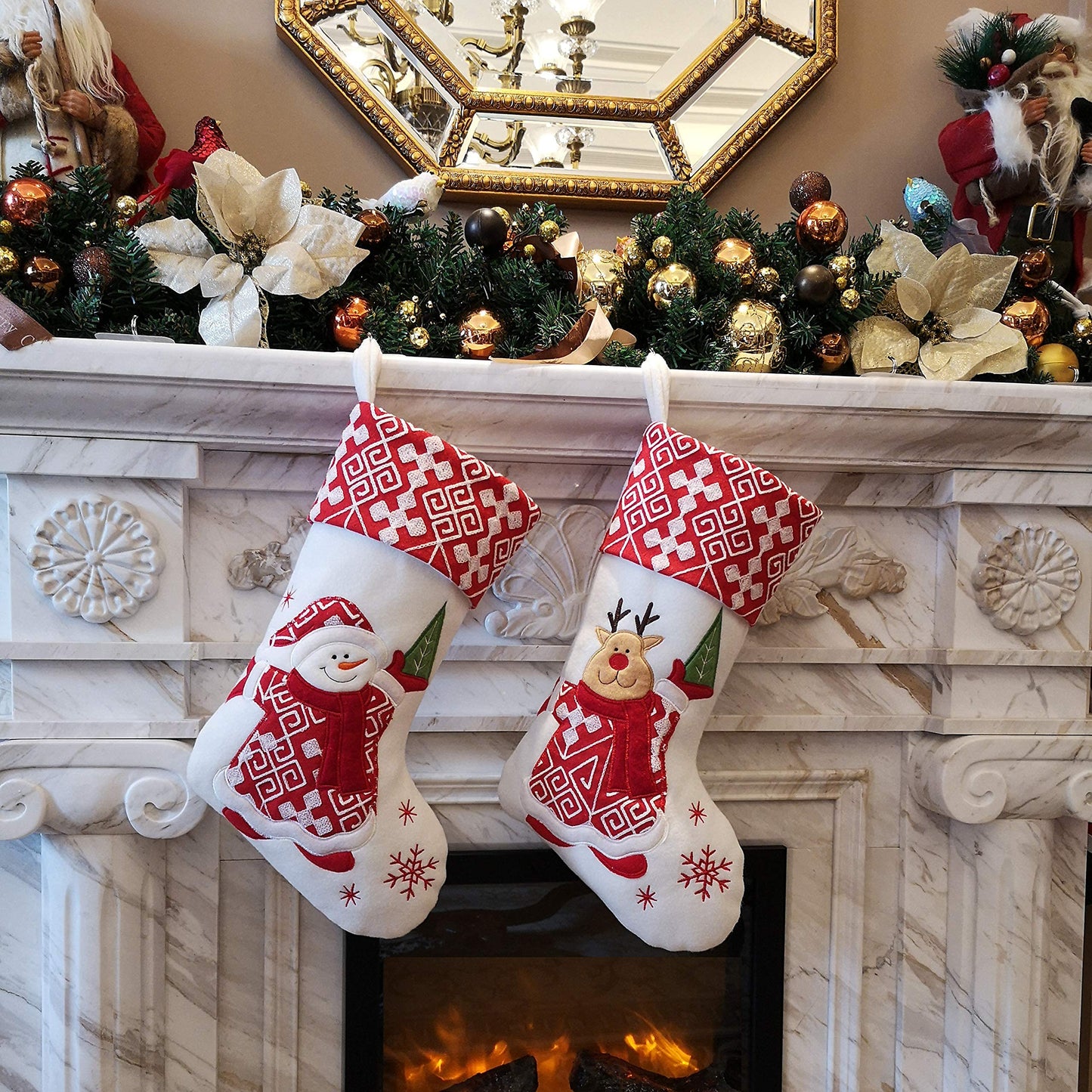 WEWILL Classic Christmas Stockings Set of 2 Elk, Snowman Xmas Character 17 inch Christmas Decorations Gift for Family Kids (Style 4)