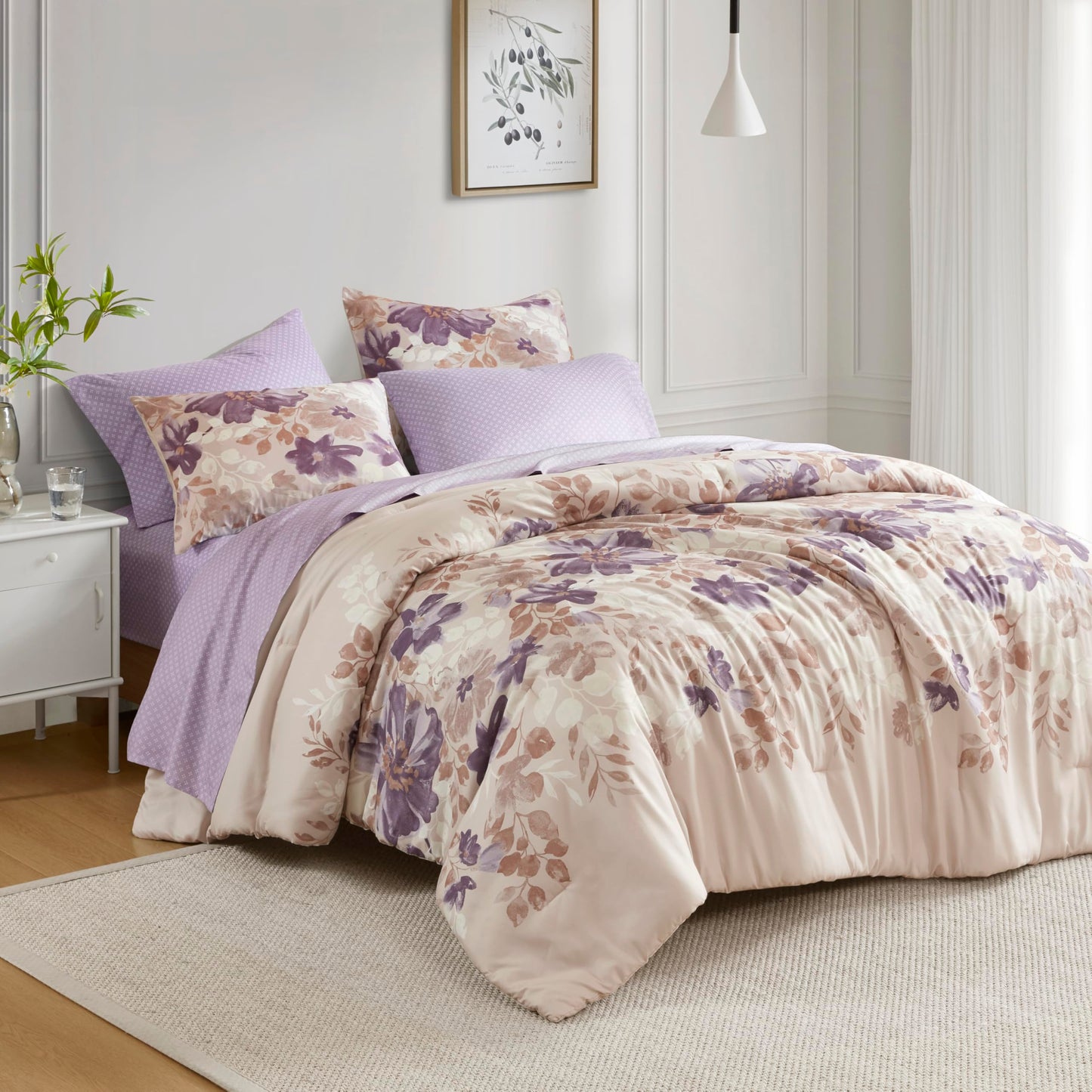 Madison Park Essentials Twin Comforter Set with Sheets, Floral Bed in A Bag Microfiber Comforter for Twin-Size Bed, Shabby Chic Bedding Set Diamond Printed Sheet, Luna, Taupe 5 Piece