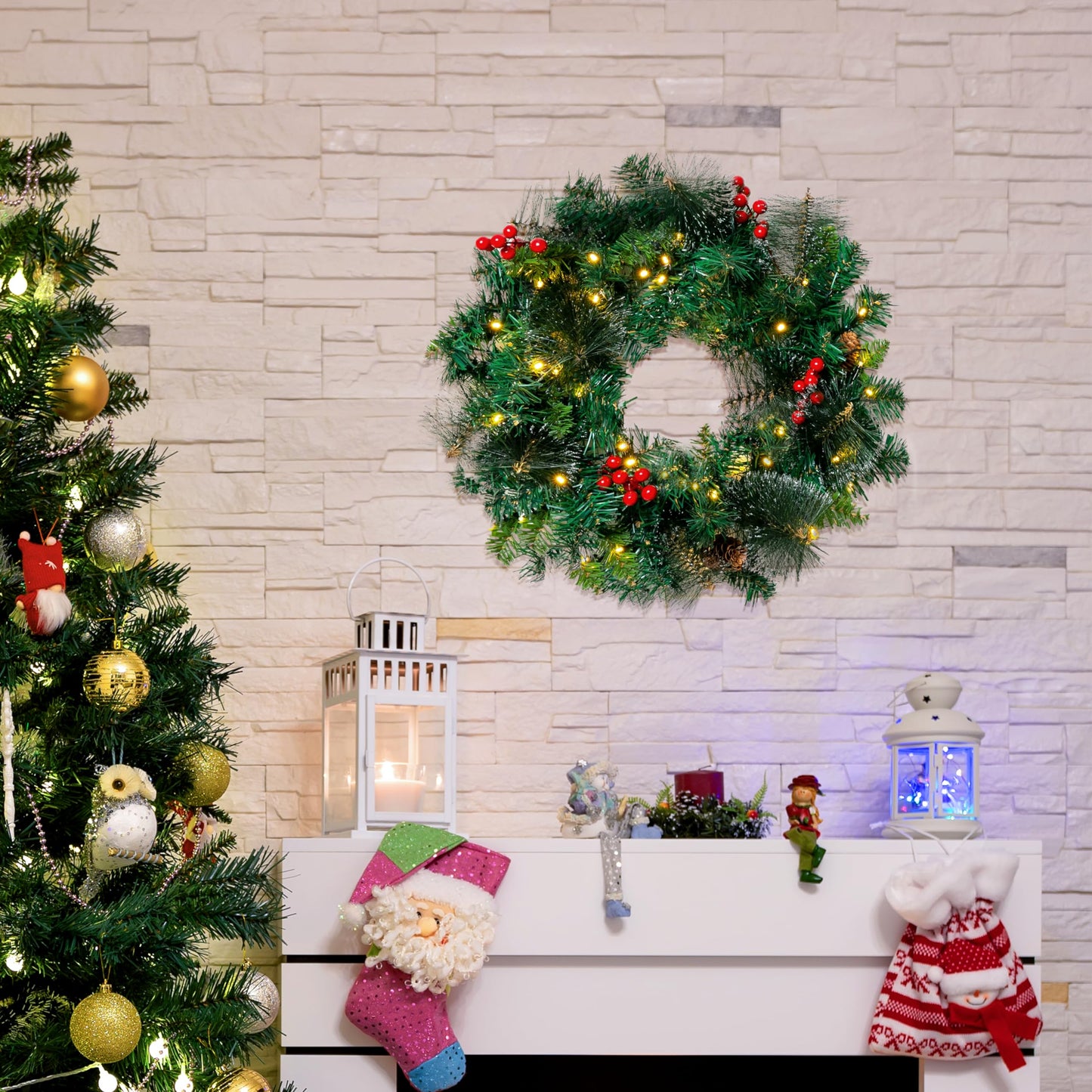 Joiedomi 20” Artificial Christmas Wreath Prelit with 15” Hanger, Decorated with 50 LED Lights, Red Berries, Pine Cones Glitter Pine Needles for Front Door Wall Christmas Decorations (Battery Operated)