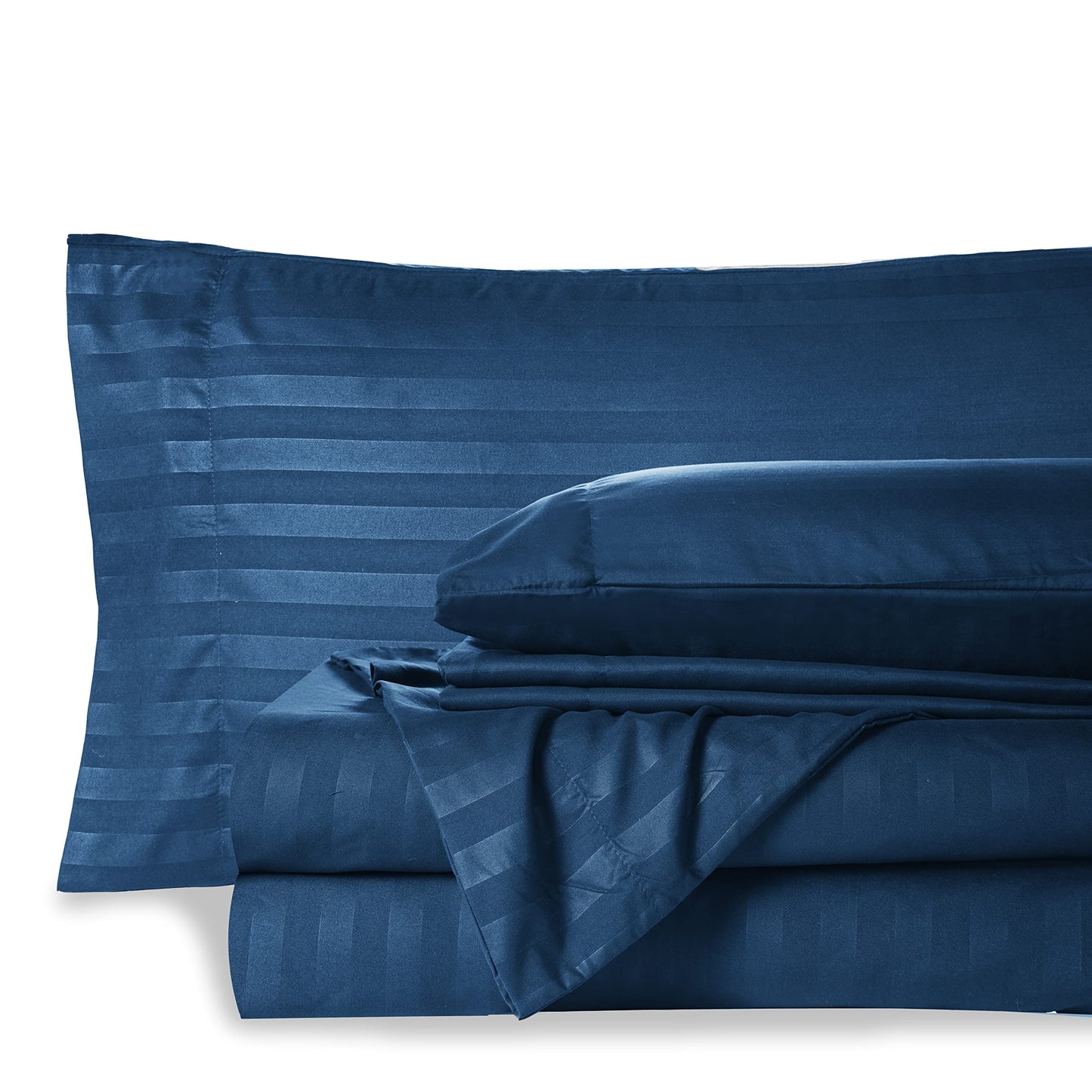 Mocassi Queen Stripe Sheet Set - Luxury Hotel 1800 Premier Bedding Sheets & Pillowcases - Ultra Soft Breathable & Cooling Bed Sheets - Wrinkle Resistant - 6 Piece Set - Queen, Navy Blue
