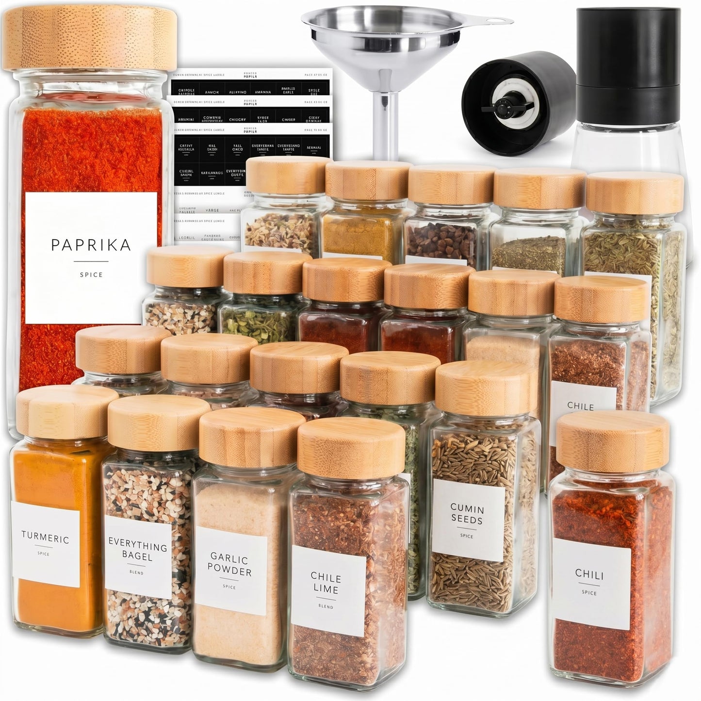 SAVVY & SORTED Glass Spice Jars with Label, 24PK Bamboo Jar Spices Set 4oz, 374 Spice Labels, Pepper Grinder, Empty Herb Seasoning Containers, Funnel and Shaker Lids