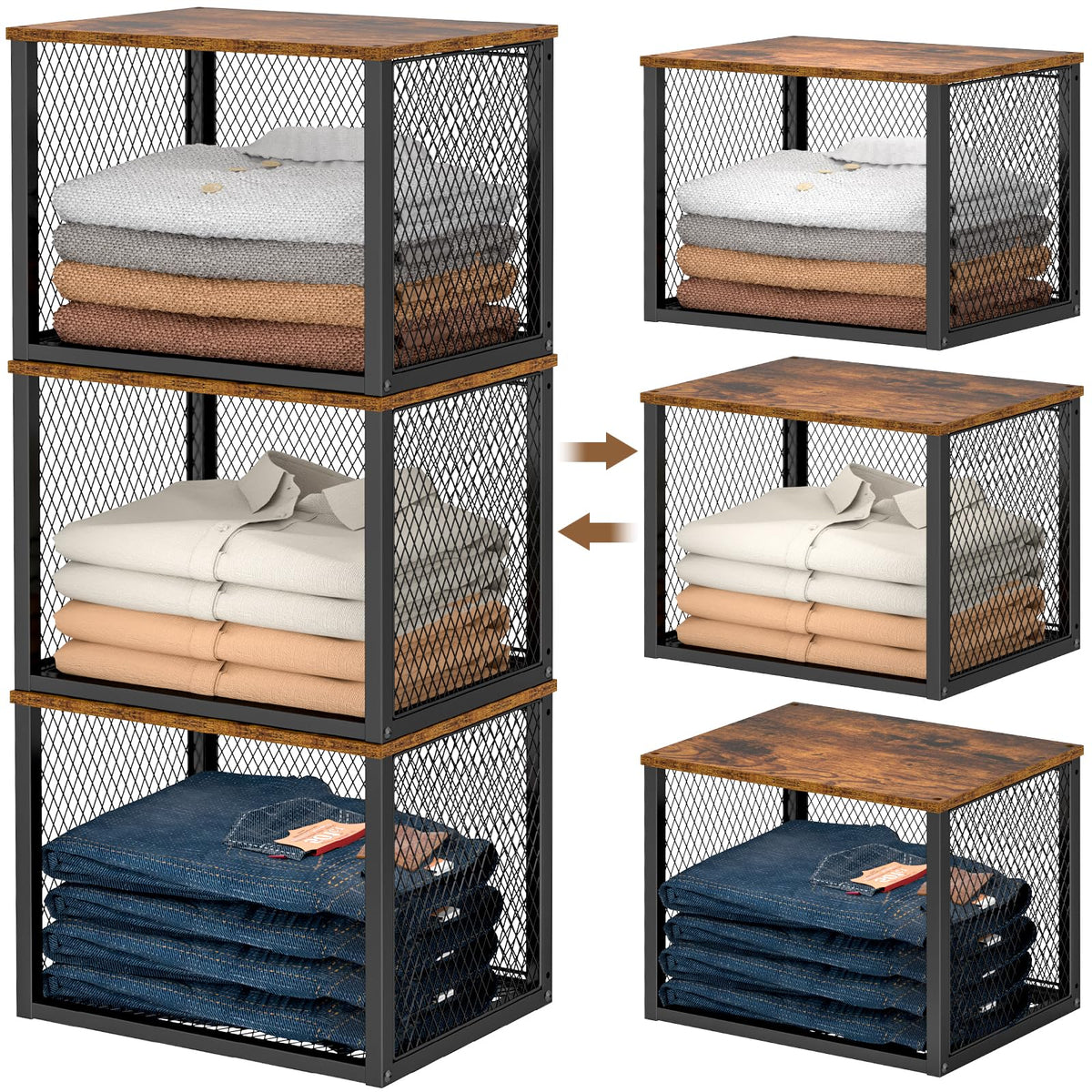 3 Pack Stackable Closet Organizers and Storage Basket, Closet Shelves with Wood Top Extra Storage, Multifunctional Clothes Organizer Bins/Cube Storage Drawer for Wardrobe Kitchen Laundry Room, Black